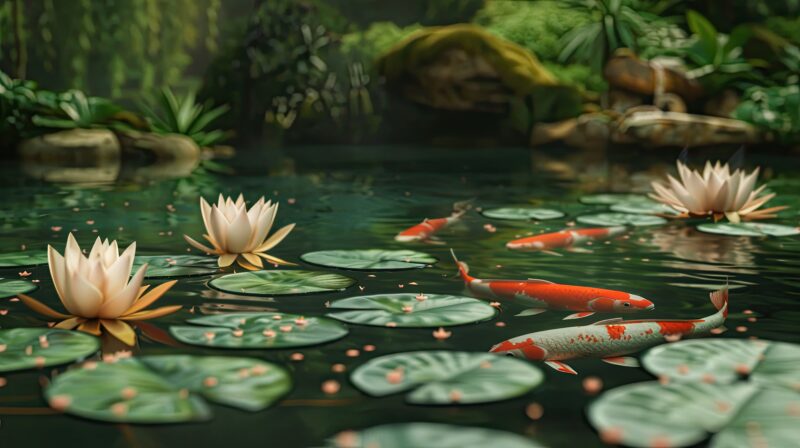 A serene Japanese koi pond with water lilies and swimming fish